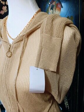 Frank Lyman Design Beige And Gold Knit Zip-Up Hoodie